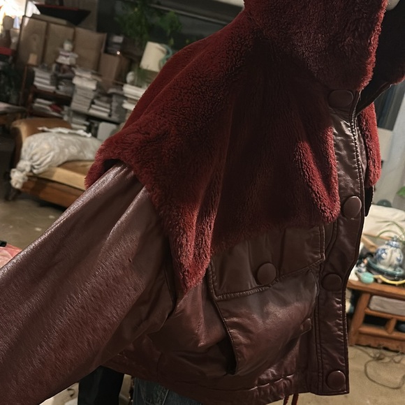 Coolest Trendy Hoodie Faux leather Fur Wine color Designer Jacket Snaps - Picture 15 of 16